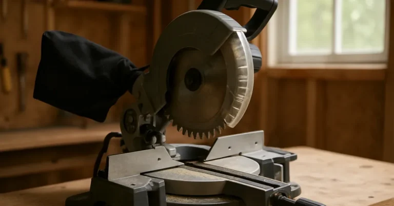 Makita miter saw with dust bag attached in a home workshop