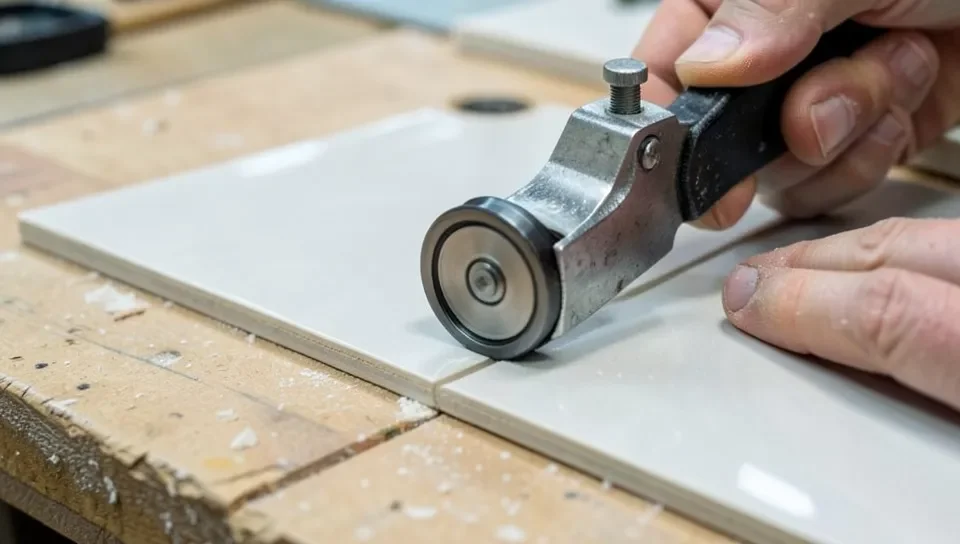 Scoring a straight line across ceramic tile with a manual tile cutter
