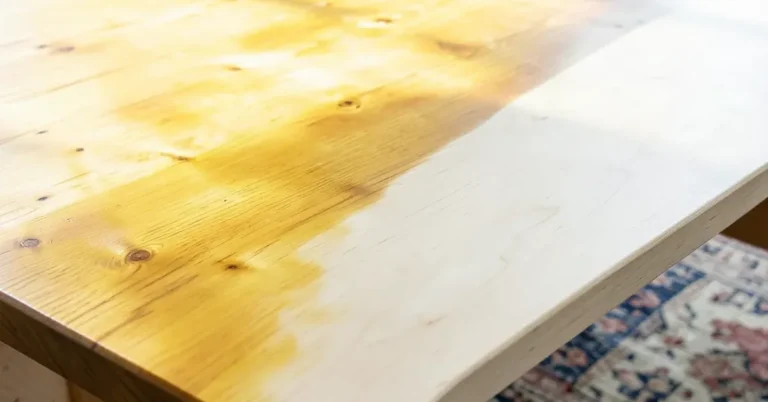 Maple wood tabletop showing sun-yellowed section next to a pale protected area