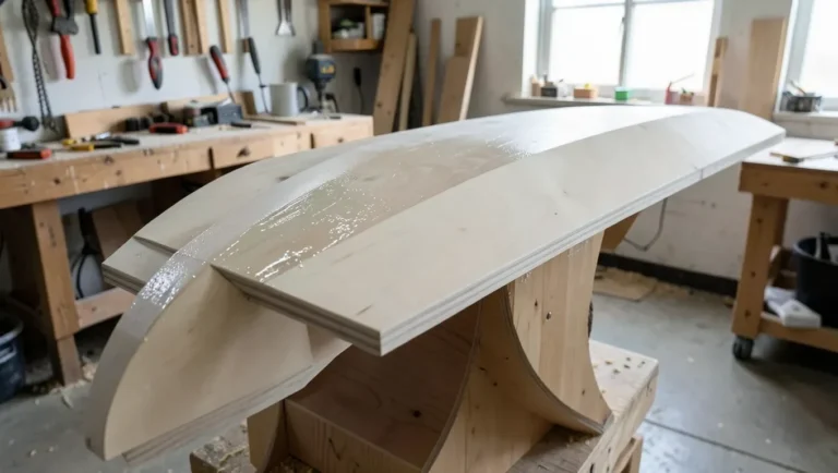 Marine plywood sheet wetted and clamped over a curved wooden form to bend it for a boat hull