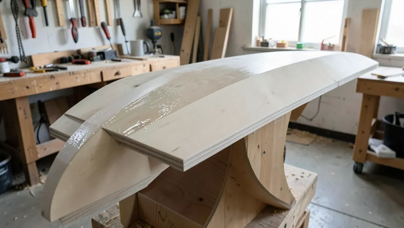 Marine plywood sheet wetted and clamped over a curved wooden form to bend it for a boat hull