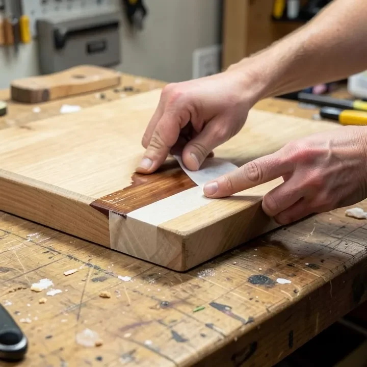 Masking tape applied along a charcuterie board edge before staining the underside