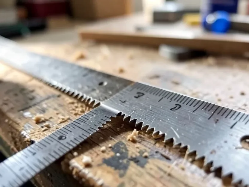 Tape measure showing teeth per inch spacing on a hand saw blade