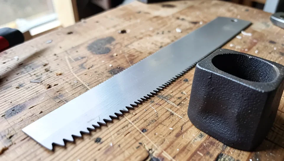 Fine-tooth metal-cutting reciprocating saw blade next to a cast iron pipe fitting