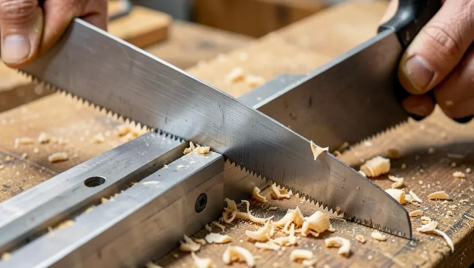 A hand saw guided through a 45-degree slot in a miter box