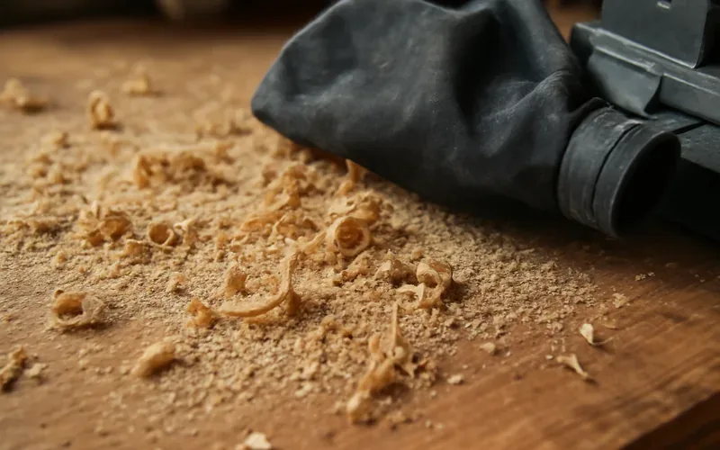 sawdust buildup next to a miter saw's dust collection bag