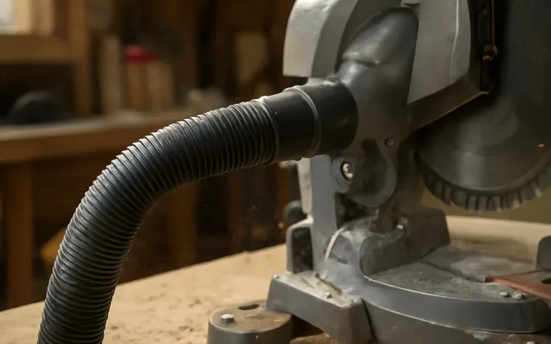 flexible vacuum hose adapter connected to a miter saw's upper dust port