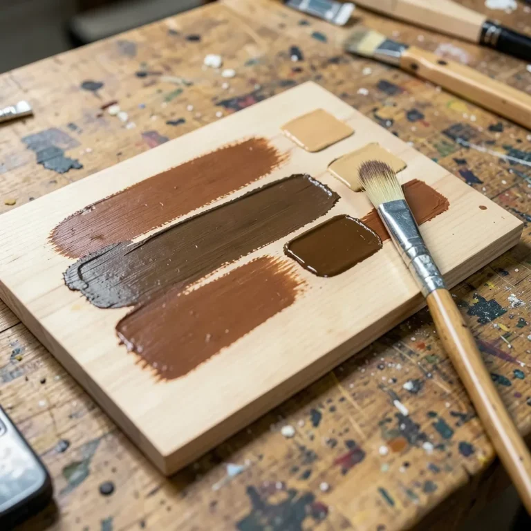 Wood test board with blended stain and paint color swatches