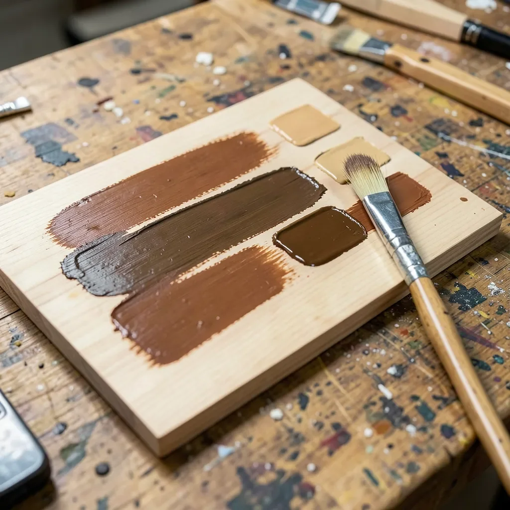Wood test board with blended stain and paint color swatches