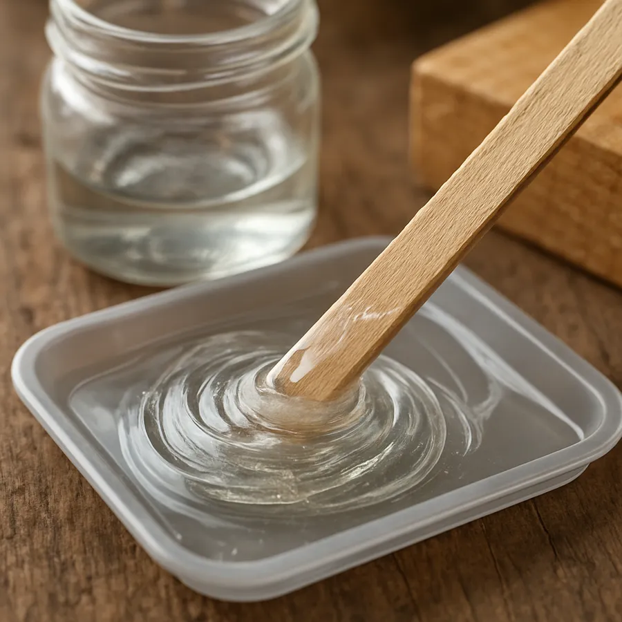 Clear two-part epoxy being mixed on a tray with a wooden stir stick