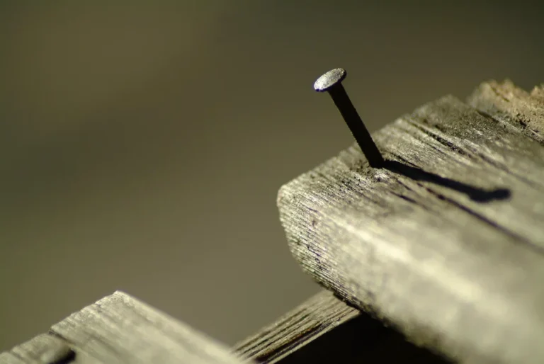 Single nail sticking up out of a weathered wooden board, ready to be cut flush