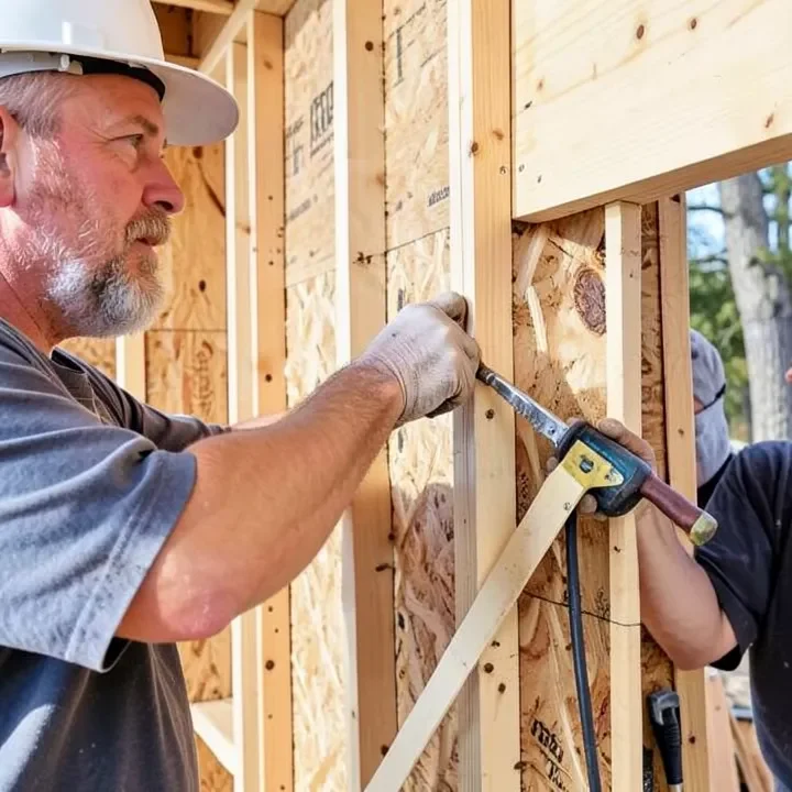 Nailing plywood sheathing to a house frame during construction