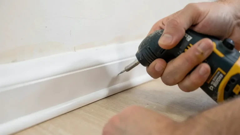 Nailing quarter round trim along a baseboard