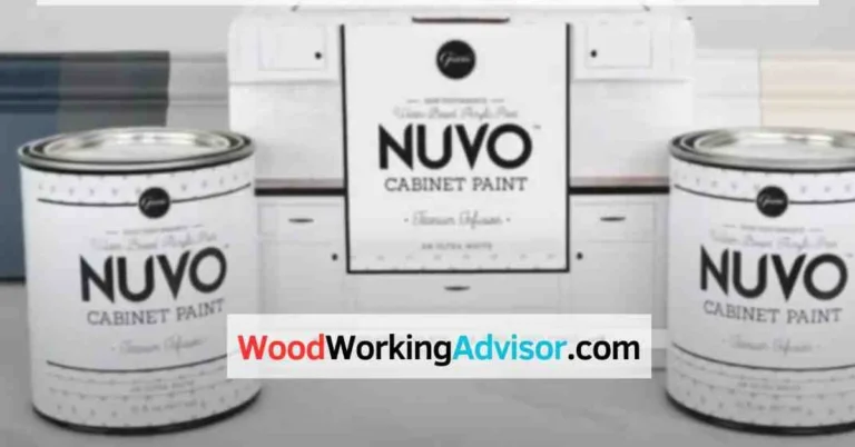 Nuvo Cabinet Paint cans next to a painted cabinet, compared against Rust-Oleum
