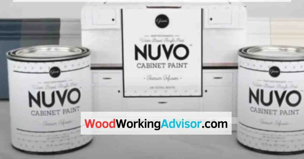Nuvo Cabinet Paint cans next to a painted cabinet, compared against Rust-Oleum