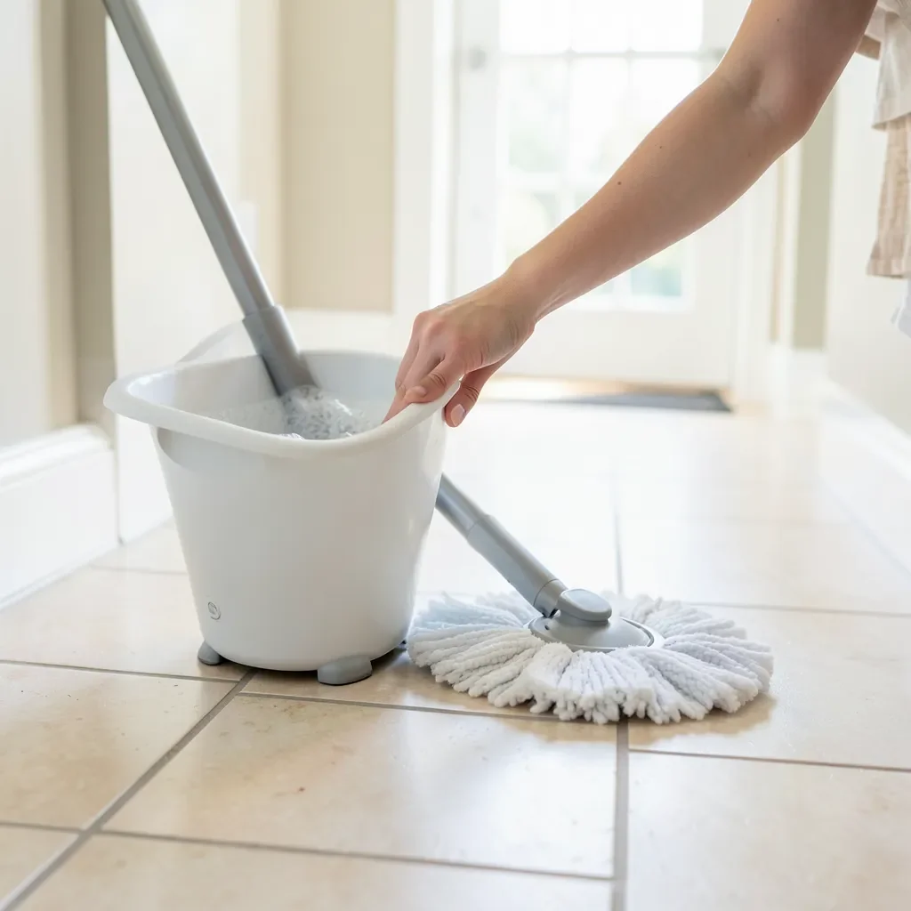 Foot pedal wringing a microfiber spin mop head in an O-Cedar EasyWring bucket
