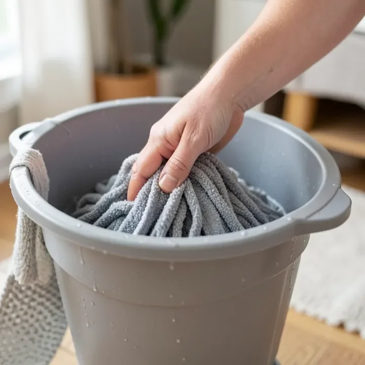 Wet microfiber mop head being wrung inside the O-Cedar EasyWring foot-pedal wringer basket