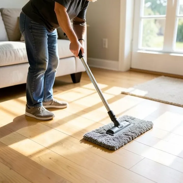 Mopping a light engineered hardwood floor with a damp O-Cedar microfiber spin mop