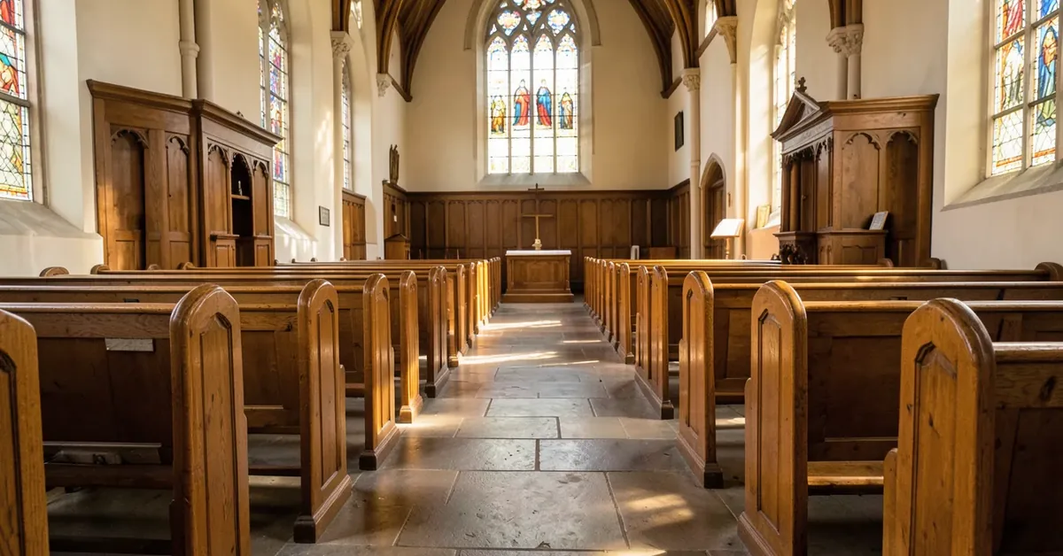 Rows of solid oak wooden church pews inside a church sanctuary with stained glass windows