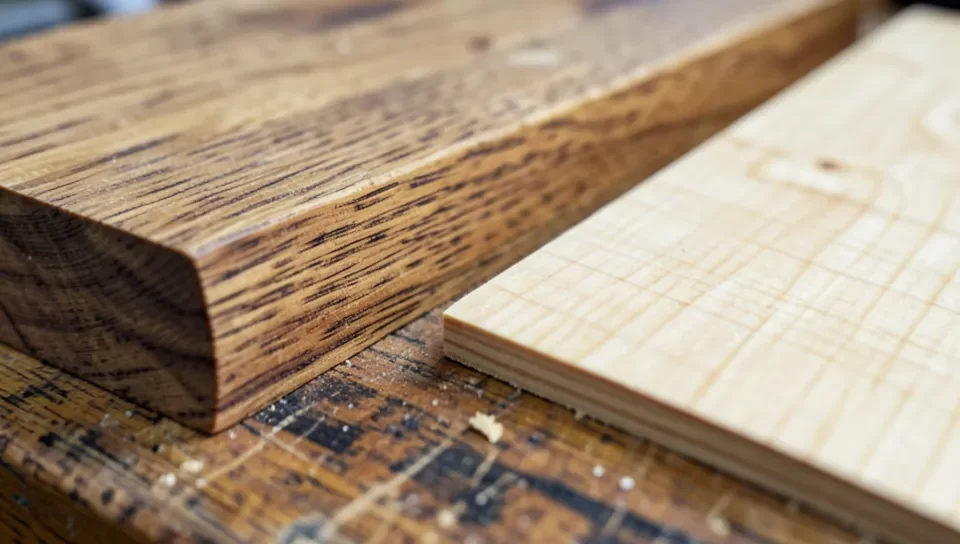 Close-up comparison of open-grain oak and tight-grain maple wood before staining