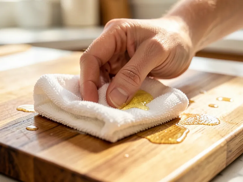 Hand rubbing food-grade mineral oil into a wooden cutting board with a cloth