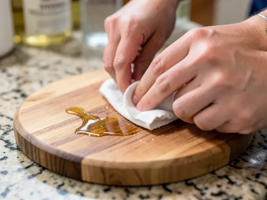 Rubbing board conditioner into the wood grain of a round cheese board