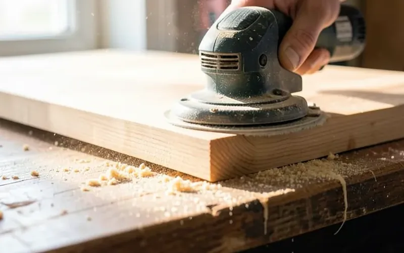 Orbital power sander smoothing a flat wooden table leg on a workbench Orbital power sander smoothing a flat wooden table leg on a workbench