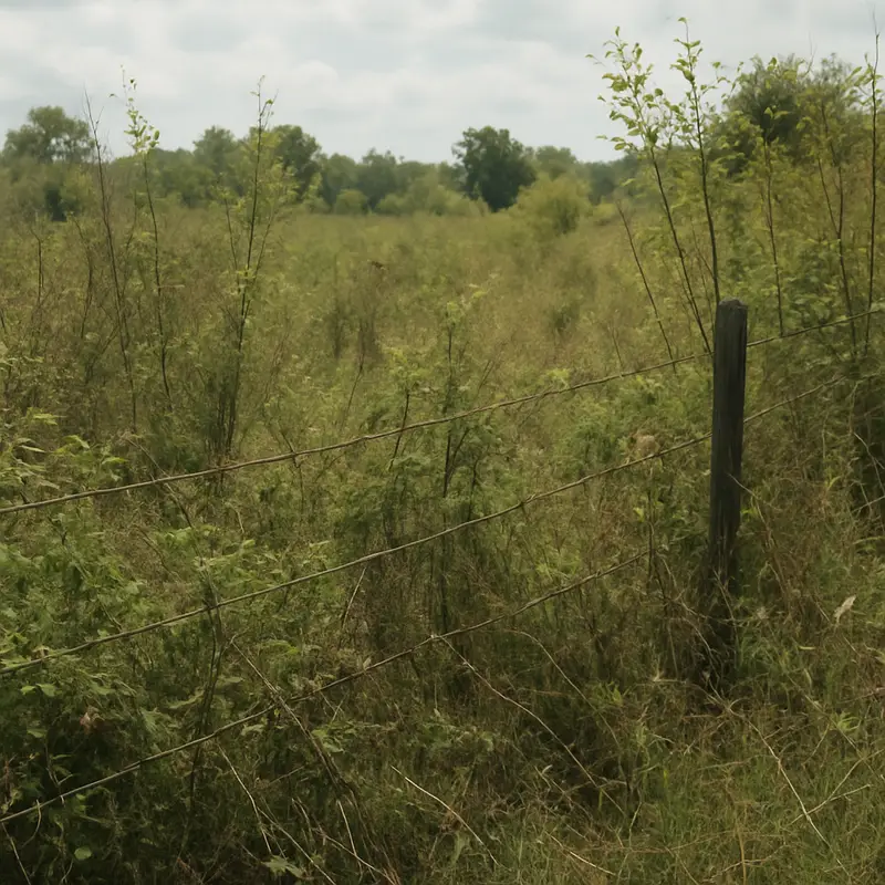 Dense overgrown brush and saplings crowding a rural fence line before clearing Dense overgrown brush and saplings crowding a rural fence line before clearing