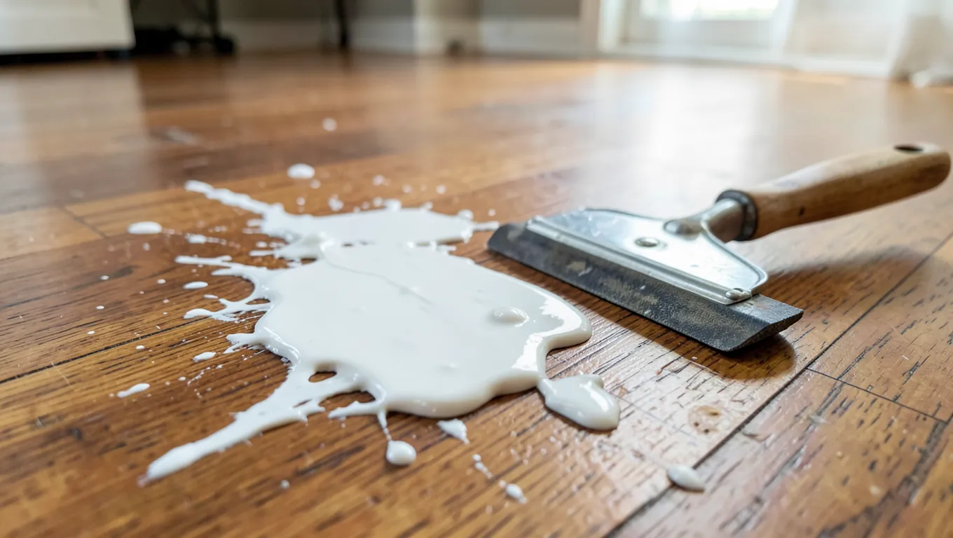 Dried paint splatter on a hardwood floor next to a scraper tool