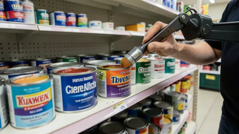 Paint cans on a store shelf, ready to be tinted with the base formula matched to the chosen color