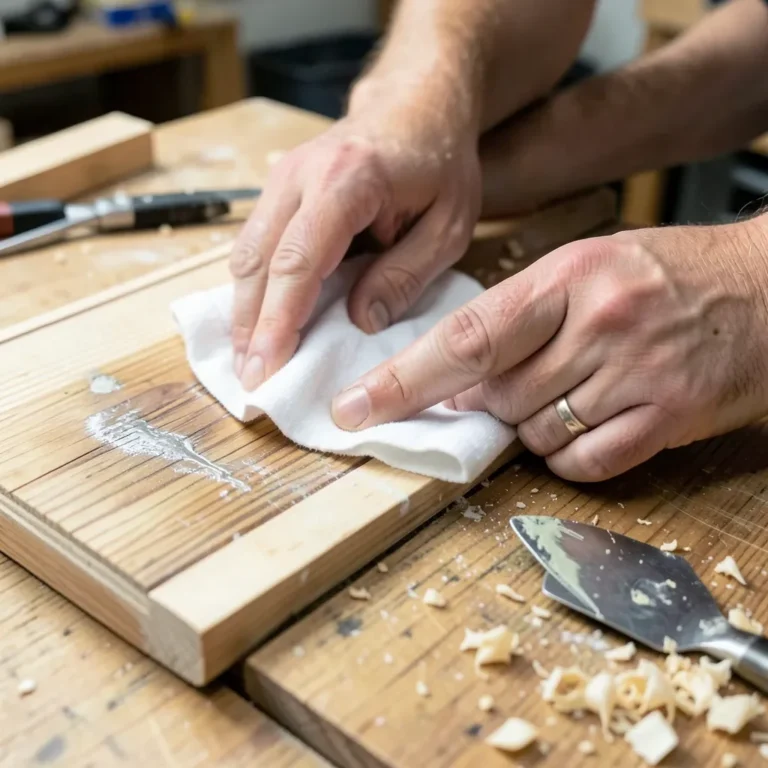 Wiping residue from stripped wood with a cloth after using a paint stripper wash