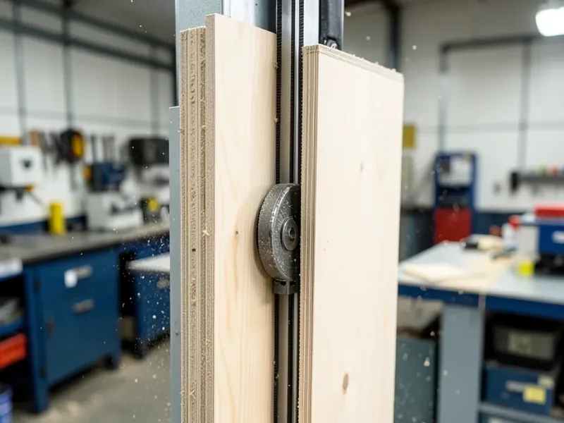 Close-up of a vertical panel saw carriage and blade cutting through plywood