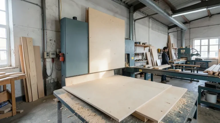 Vertical panel saw cutting a full sheet of plywood in a woodworking shop