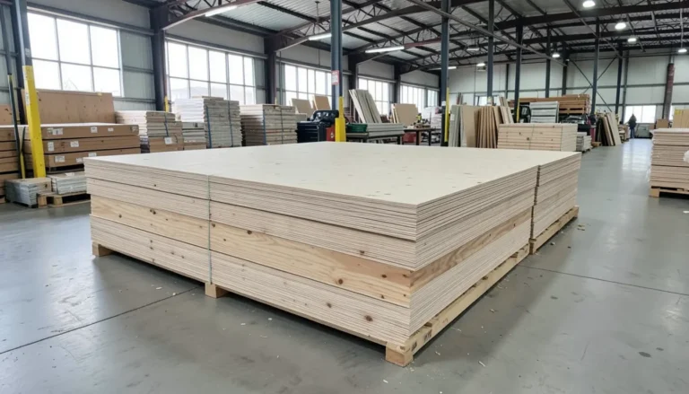 Stacked sheets of plywood in a warehouse