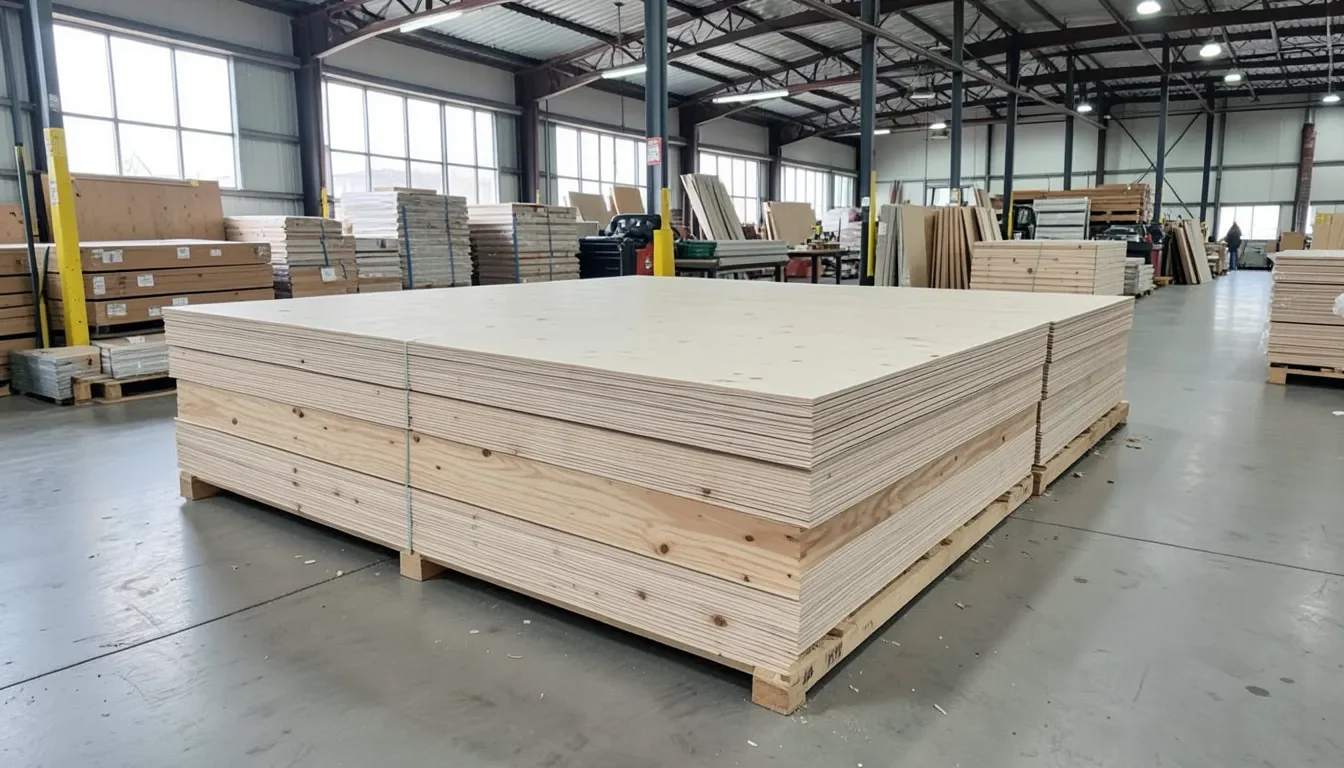 Stacked sheets of plywood in a warehouse
