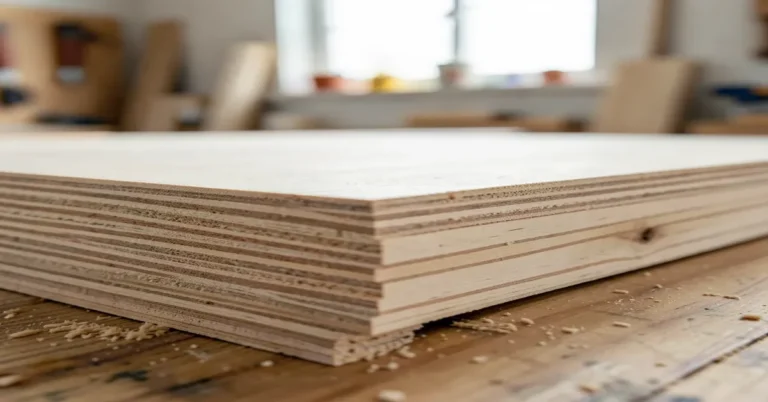 Close-up of plywood edge showing cross-laminated veneer layers