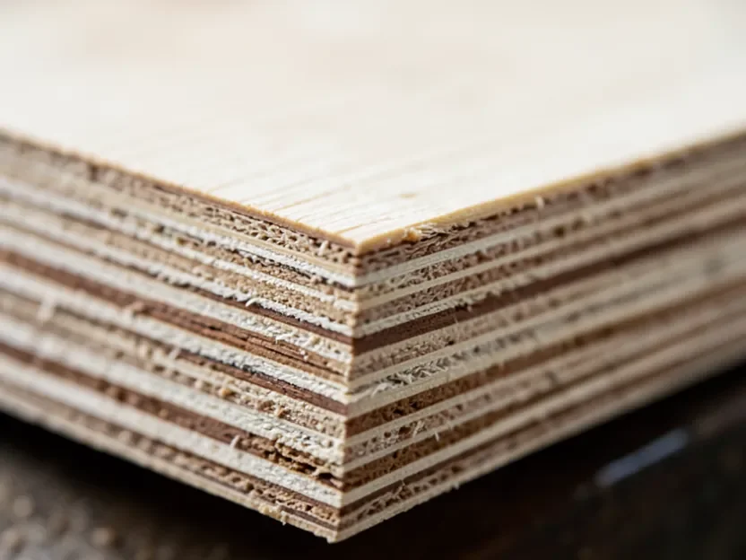 Close-up of a plywood edge showing the alternating cross-grain layers between plies