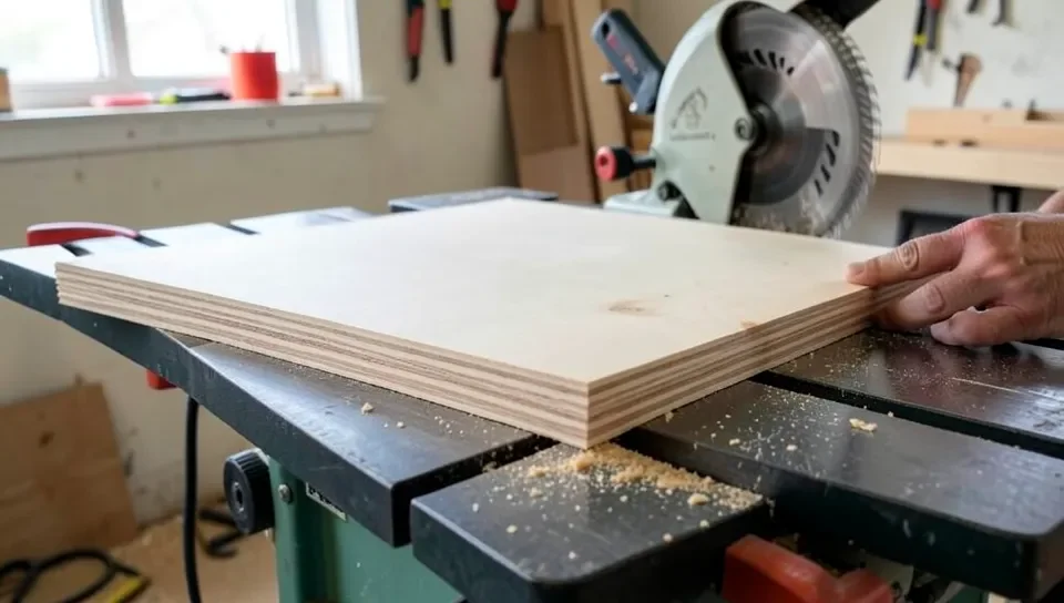 Plywood sheet showing cross-laminated edge layers being cut