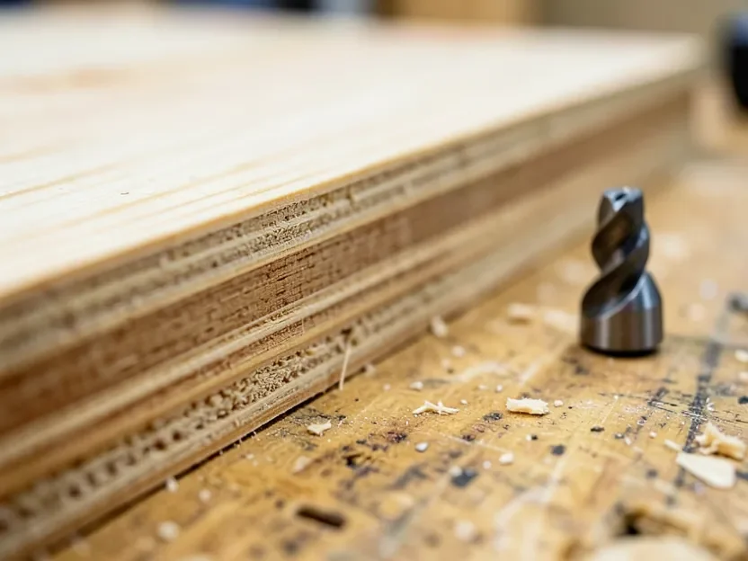 Cross-section of plywood edge showing alternating veneer grain layers next to a carbide spiral router bit