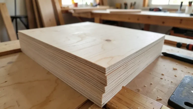 Stack of plywood sheets showing the face veneer grain and layered edge in a woodworking shop