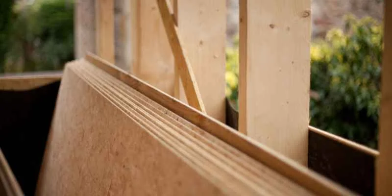 Close-up of plywood edge showing cross-layered veneer grain