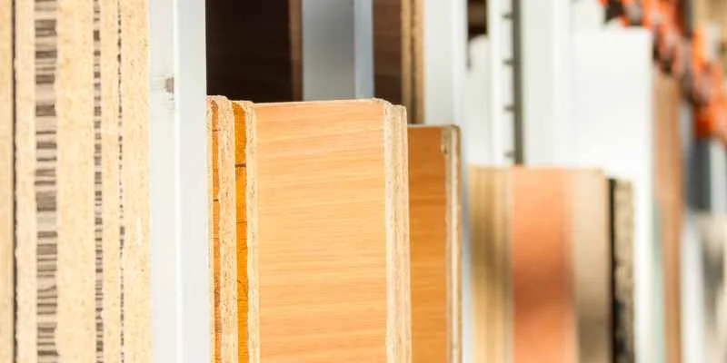 Stack of plywood sheets at a lumber yard