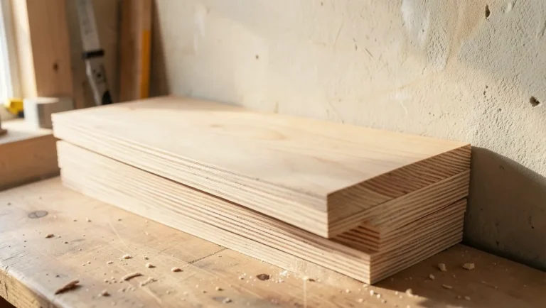 Stack of plywood sheets leaning against a workshop wall showing layered veneer edges