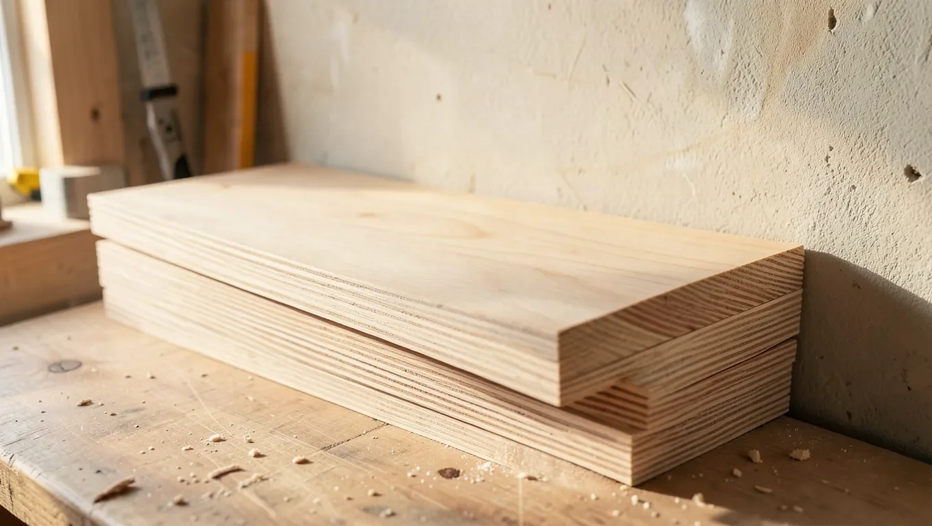 Stack of plywood sheets leaning against a workshop wall showing layered veneer edges