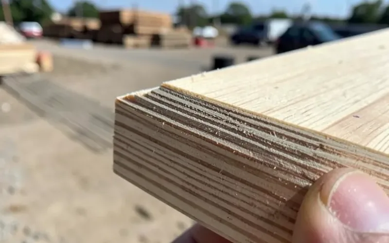 Close-up of the cut edge of a plywood sheet showing alternating wood veneer layers Close-up of the cut edge of a plywood sheet showing alternating wood veneer layers