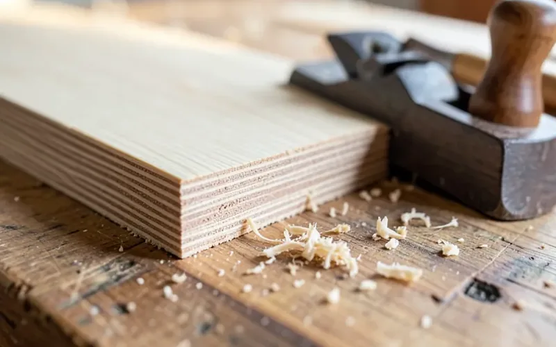 Close-up of plywood edge showing multiple thin veneer plies next to a hand plane Close-up of plywood edge showing multiple thin veneer plies next to a hand plane