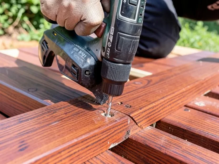 Pre-drilling a pilot hole in Ipe hardwood deck board before driving a stainless steel screw