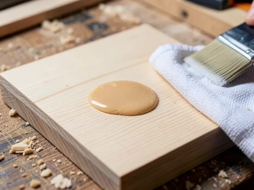 Pool of pre-stain wood conditioner absorbing unevenly into a raw pine board Pool of pre-stain wood conditioner absorbing unevenly into a raw pine board
