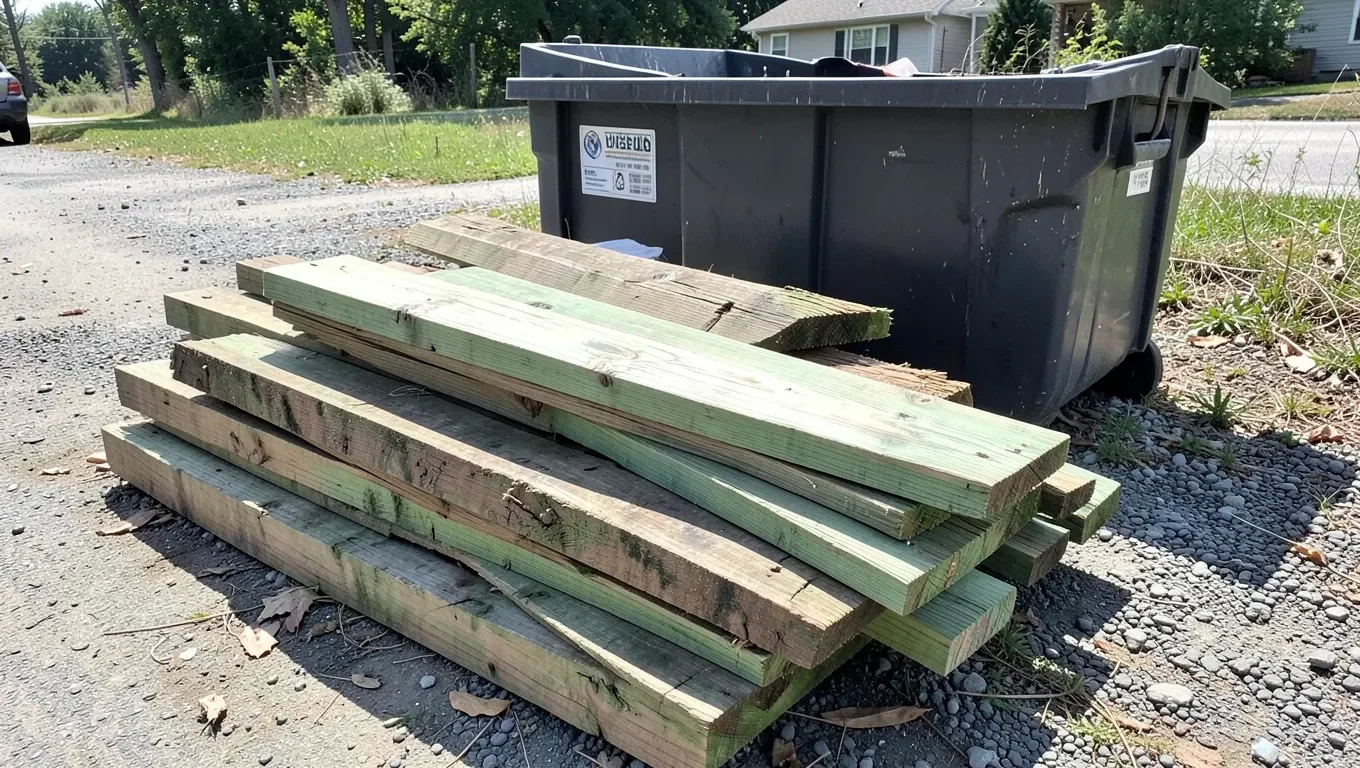Pile of pressure-treated lumber ready for landfill disposal, not burning