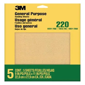 3M Sandpaper, 220 Grit, 5 Sheets, 9 in x 11 in, Sands Paint, Wood & Metal, Great For General Purpose
